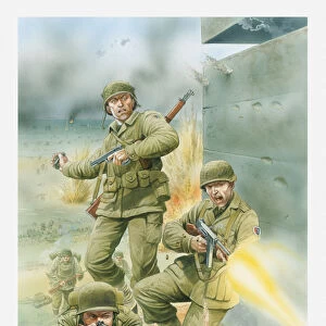 Illustration of of American soldiers firing rifles and throwing grenades next to German bunker during D Day landing on Omaha