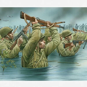 Illustration of of American soldiers wading waist deep in water with rifles held aloft during D Day landing on Utah Beach