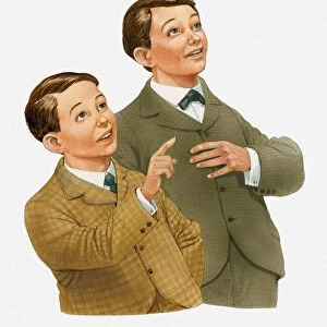 Illustration of Orville and Wilbur Wright looking up and pointing