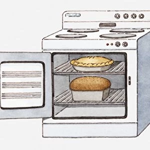 Illustration of an oven with its door open, containing a pie and a loaf of bread