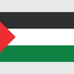 Illustration of Palestinian flag, with three equal horizontal black, white and green stripes overlaid by red isosceles triangle at hoist