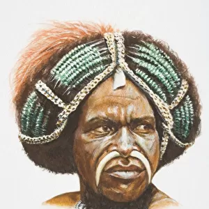 Illustration, Papua New Guinean tribesman wearing headdress, his face decorated with tusks