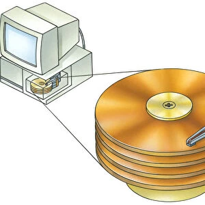Illustration of PC desktop computer and hard disc drive with cross section showing hard disc in base unit