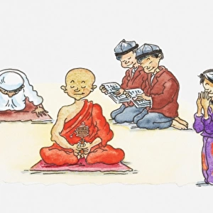 Illustration of people of different religious beliefs praying