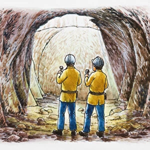 Illustration of two people illuminating inside of cave with flashlights