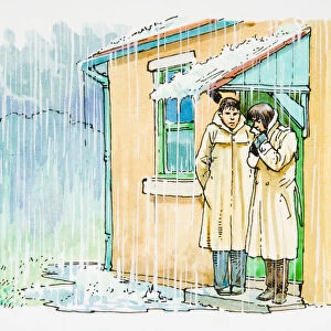 Illustration of two people sheltering from freezing rain storm below porch roof