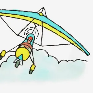 Illustration of person flying microlight above clouds