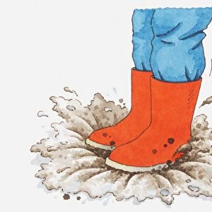 Illustration of person in red wellington boots stepping into puddle of mud