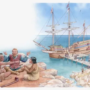 Raffigurazione di Pocahontas e suo padre che siedono e parlano con il capitano John Smith. Raffigurazione di Pocahontas e suo padre che siedono e parlano con il capitano John Smith.