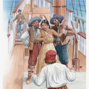 Raffigurazione di Pocahontas che viene tenuta su una barca. Raffigurazione di Pocahontas che viene tenuta su una barca.