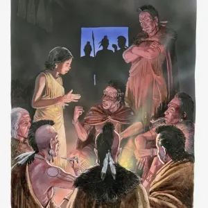 Illustration of Pocahontas speaking to her father and her tribe Illustration of Pocahontas speaking to her father and her tribe