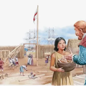 Raffigurazione di Pocahontas che visita il capitano John Smith nel complesso. Raffigurazione di Pocahontas che visita il capitano John Smith nel complesso.