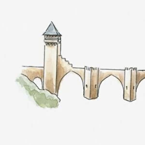 Illustration of Pont Valentre, Cahors, Lot, France