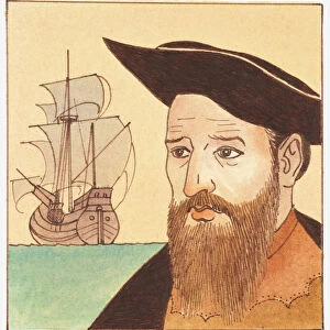 Illustration of portrait of Vasco da Gama with ship in background