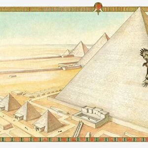 Illustration of pyramids of Gizeh and falcon flying in the air