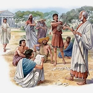 Illustration of Pythagora and his followers discovering the harmony of the universe