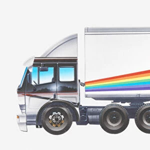 Illustration of rainbow striped articulated lorry