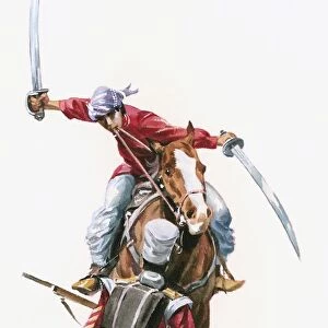 Illustration of Rani of Jhansi on horseback attacking British soldier with swords