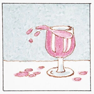 Illustration of red wine spilling out of wine glass on table