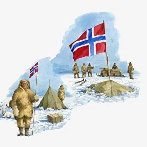 Illustration of Roald Amundsen with men at camp Polheim holding Norwegian flag