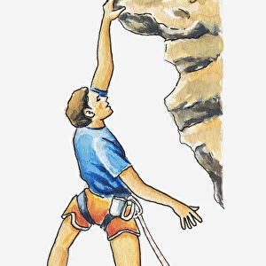 Illustration of a rock climber hanging onto the edge of a rock with one hand