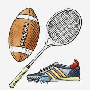 Illustration of rugby ball, tennis racquet, football boot