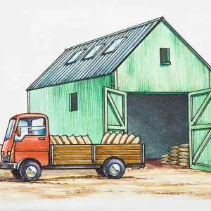 Illustration of sacks in back of stationary pick-up truck near barn with open doors Illustration of sacks in back of stationary pick-up truck near barn with open doors
