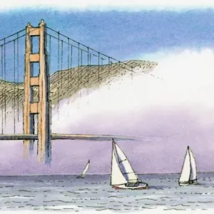 Illumination von Segelschiffen und dem goldenen Nebel über der Goldengatebrücke in San Francisco, oft umhüllt mit Nebel, weil das warme kalifornische Luftgewitter durch die kühlen Meeresströmungen abgekühlt wird Illumination von Segelschiffen und dem goldenen Nebel über der Goldengatebrücke in San Francisco, oft umhüllt mit Nebel, weil das warme kalifornische Luftgewitter durch die kühlen Meeresströmungen abgekühlt wird