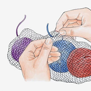 Illustration of securing balls of wool in net back using safety pin to prevent tangling