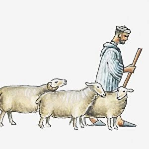 Illustration of a shepherd and three sheep