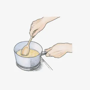 Illustration showing melted wax being stirred in pan using wooden spoon to create a DIY tile sealant