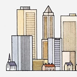 Illustration of skyscrapers towering over smaller buildings