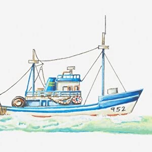 Illustration of small fishing boat at sea