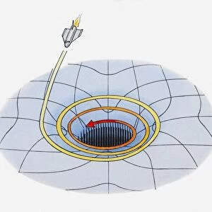 Illustration of spaceship being pulled into black hole through gravity