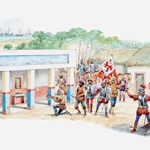 Illustration of Spanish conquistadors claiming Aztec village
