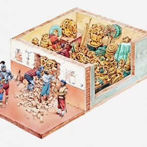 Illustration of Spanish conquistadors looting Aztec treasure hidden inside house