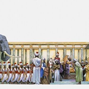 Illustration of Sultan in Hall of One Thousand Pillars with elephants, soldiers and guards