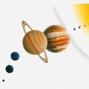 Illustration of the Sun, Mercury, Venus moon orbiting Earth, asteroid belt passing between Mars and Jupiter, and Uranus