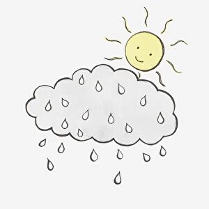 Illustration of sun with smiley face looking down at rain and cloud