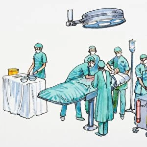 Illustration of surgeon, assistants and patient in operating room