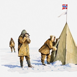 Illustration of team of Antarctic explorers outside tent with Norwegian flag on top, marking it as Roald Amundsens tent