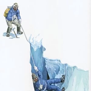 Illustration of Tenzig Norgay helping Edmund Hilary on their ascent to Mt Everest by securing safety rope at top of crevasse