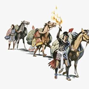 Illustration of Tlaxcaltec leaving city with horses and flaming torch