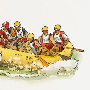 Illustration of tourists whitewater Rafting rafting