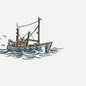 Illustration of a trawler, a group of tuna fish, and a dolphin
