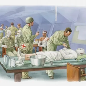 Illustration of treament of burns patients wrapped in bandages during World War Two Illustration of treament of burns patients wrapped in bandages during World War Two