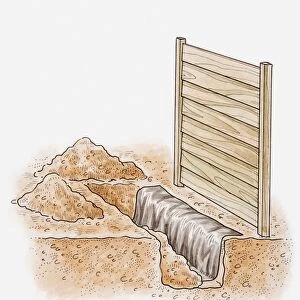 Illustration of trench lined with polythene to make a weed barrier, preventing creeping roots of weeds from finding their way under a fence