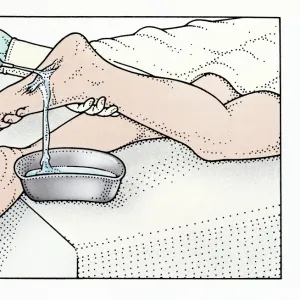 Illustration of using syringe to clean wound on sole of foot