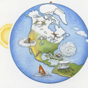 Illustration of various weather conditions in different parts of the world