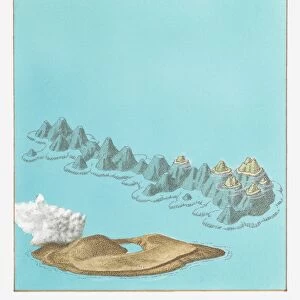 Illustration of volcanic island of Surtsey (belonging to Iceland) and Hawaiian Islands chain